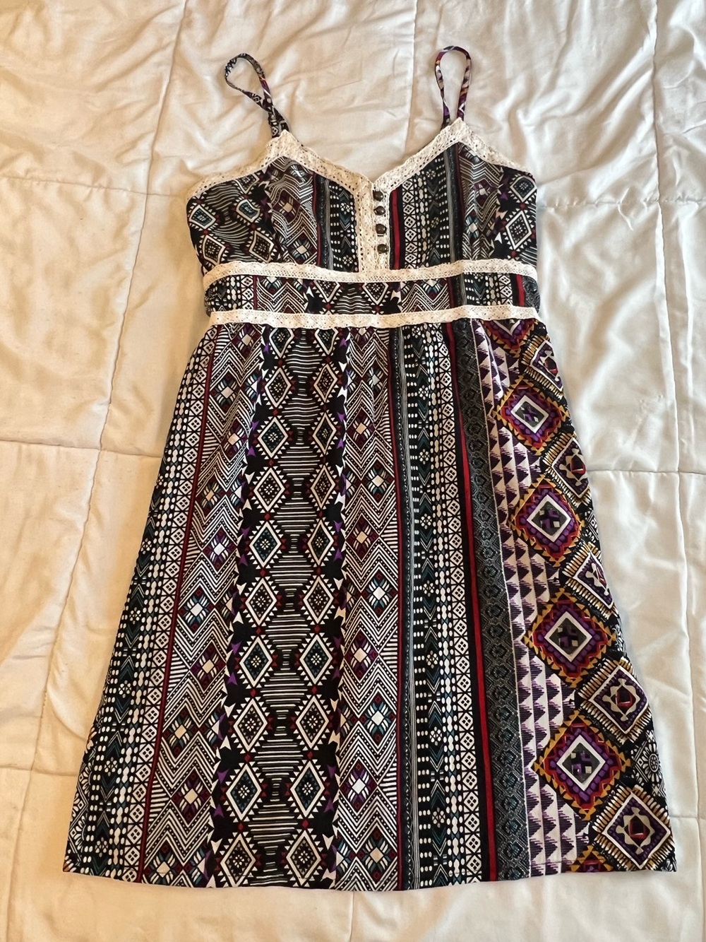 EARTHBOUND Black and Purple Geometric Lace-Trim Mini Dress